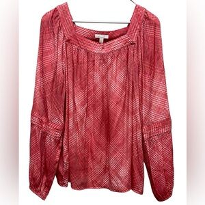 LC Lauren Conrad Women’s L Red Plaid Blouse Top Shirt Long Sleeves Square Neck
